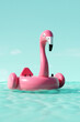 Big pink rubber flamingo in ocean. Summer travel concept. 3d render