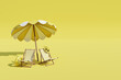 Beach chairs, umbrella and sun accessories on yellow background. Summer travel concept. 3d render