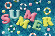 Swimming pool with balls, swim rings and summer letters. Summer swimming pool party. 3d render. Top view