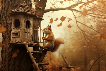 Wall Mural - Charming Park squirrel sunny. Life face. Generate Ai