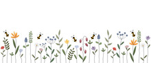 Banner Mit Fliegenden Bienen über Einer Bunten Blumenwiese. Freier Platz Für Text. Vorlage Für Einladungen, Grußkarten, Social Media Posts Und Werbung.