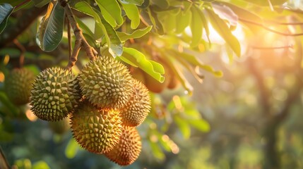 Many durian fruits stuck on the branches of the durian tree, ready for harvest, surrounded by a blurry green natural garden background