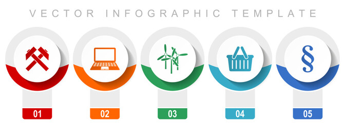 Fototapete - Commerce icon set, miscellaneous vector icons such as mining, laptop, wind turbine, shop basket and law, modern design infographic template, web buttons in 5 color options