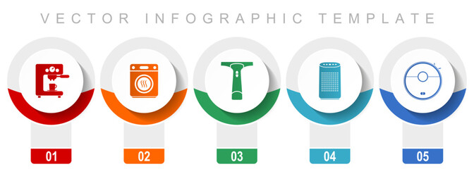 Leinwandbilder - Home appliances icon set, miscellaneous vector icons such as coffe maker, dryer, window cleaner and vacuum cleaner, modern design infographic template, web buttons in 5 color options