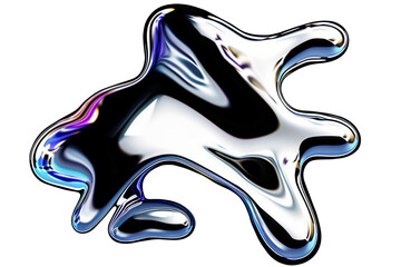 Sticker - Isolated abstract melted liquid chrome metal in organic shapes, Wavy molten gloss aluminium , cutout isolated on transparent background, ready for placement.