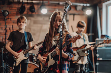 Canvas Print - A group of young teenagers were playing music in the studio.