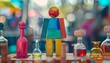 Colorful wooden figure at a science fair, surrounded by mini experiments and inventions, showcasing human creativity and innovation