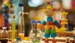 Colorful wooden figure at a science fair, surrounded by mini experiments and inventions, showcasing human creativity and innovation