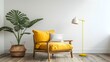 A yellow velvet armchair, wooden cabinets and potted house plants lean against a Venetian plaster wall. Scandinavian home interior design of modern living room