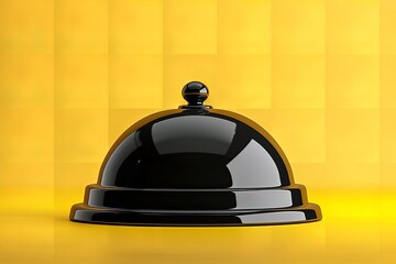 Concept of launch time marketing banner isolated on yellow featuring a black dish with its lid clasped between two hands, Generative AI.