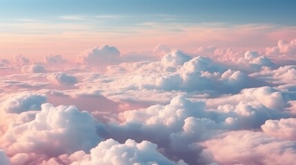 Wall Mural - Beautiful aerial view above clouds at sunset. Flying above clouds