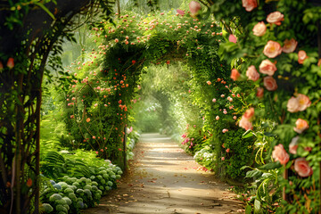 Lush garden path lined with blooming flowers and greenery, leading to a hidden alcove, ideal for themes of discovery and nature’s beauty