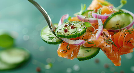 Wall Mural - close up of fork with pieces of salmon, cucumber and red onion on salad leaf against green background