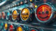 customer emotions as gauges on a dashboard, with needles pointing to different emotional states, such as satisfaction, excitement, or frustration