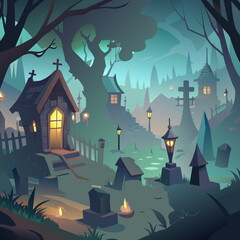 Wall Mural - Misty Cemetery with Lights in Mystical Autumn Old Small Town 3D Art Fantasy Illustration. Spooky Huts in Ghost Village Mysterious Halloween Background. Ominous Witch Street in Oldtown 