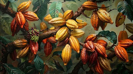 Vibrant cocoa pods nestled among the trees thick branches, a burst of oranges, yellows, and reds, set against the lush green foliage, not a painting image
