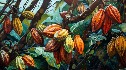 Vibrant cocoa pods nestled among the trees thick branches, a burst of oranges, yellows, and reds, set against the lush green foliage, not a painting image