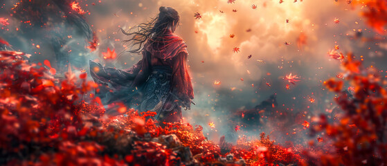 Wall Mural - A painting of a silhouette  with red flower fire. Suitable for artistic projects