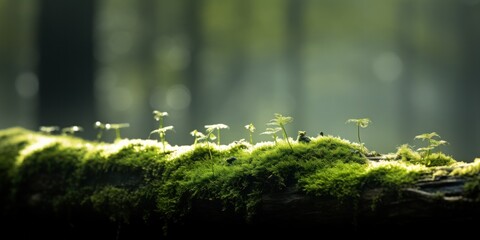 Wall Mural - Tiny Plants And Moss On Forest Log In Sunlight. Micro Ecosystem. Flora Growing On Old Wood In Forest. Generative AI