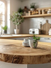 Wall Mural - Empty round wood tabletop counter on interior in clean and bright kitchen background