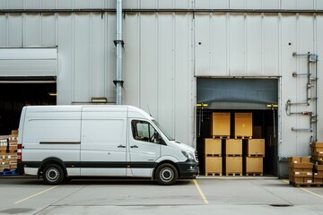 logistics warehouse with open storage gate outside view, delivery van with cardboard boxes