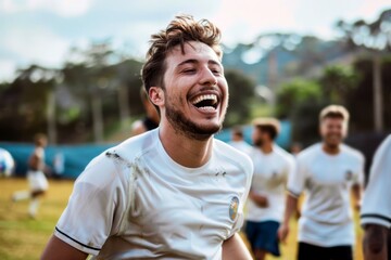 soccer player winner celebration during game at soccer field, happy, sport football achievement on football field