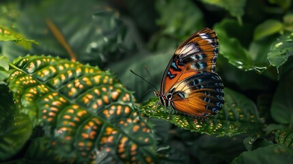 Wall Mural - A stunning closeup photograph of a butterfly perched on a leaf.