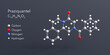 praziquantel molecule 3d rendering, flat molecular structure with chemical formula and atoms color coding