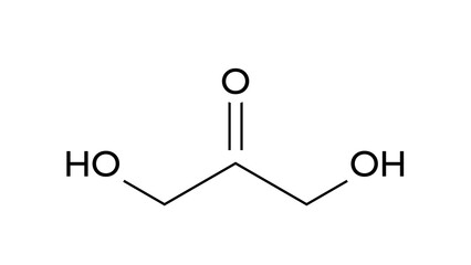 Sticker - dihydroxyacetone molecule, structural chemical formula, ball-and-stick model, isolated image saccharide