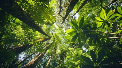 A view looking up at dense, tall trees and lush green foliage in a tropical forest.