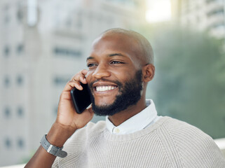 Poster - Business, black man and phone call in city with speaking for virtual consultation, corporate job and conversation. Male worker, consultant and mobile discussion on rooftop with contact and 5g network