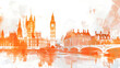 This image showcases a contemporary take on the London skyline using vibrant orange hues and watercolor effects