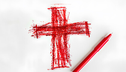 Wall Mural - Cross sign drawn with red marker isolated on white, top view