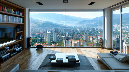 Wall Mural - Panoramic Cityscape View with Mountains, Modern Architecture and Scenic Landscape, Urban Living at Its Finest