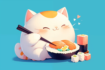 Colored Japanese cute cat eating sushi roll in kawaii illustration style for kids.