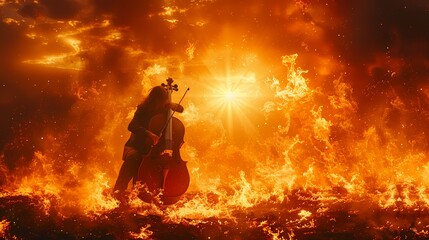 Wall Mural - A cellist performing with passion and precision, their silhouette stark against a fiery orange background