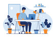 © PixelPaletteArt - Casual telecommuter engages with laptop in a cozy, well-lit work space