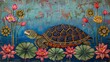 Wise and calm turtle decorated with lotus flowers, painted in traditional Madhubani Bharni style, serene lake backdrop