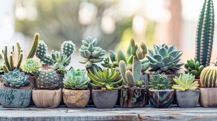 Wall Mural - A collection of potted succulents and cacti, varying in shapes and sizes, arranged in a row with a blurred background.