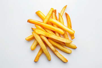 a pile of french fries on a white surface