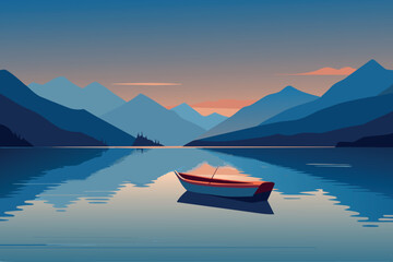 A red canoe floats peacefully on a still lake at sunset, with mountain silhouettes