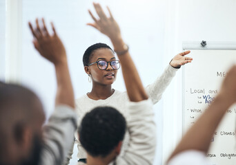 Wall Mural - seminar, question and black woman in presentation, speaker and training for audience in meeting. pub