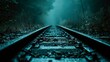Railroad tracks in the misty forest at night, selective focus
