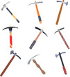 pickaxe set cartoon. shovel pickax, pickaxe rock, chisel silhouette pickaxe sign. isolated symbol vector illustration