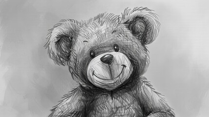 Wall Mural - A black and white drawing of a teddy bear with a smile on it's face, bear drawing