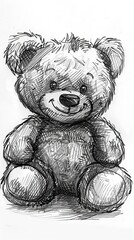 Wall Mural - A black and white drawing of a teddy bear with a smile on it's face, bear drawing