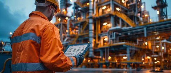 Technical analysis on a tablet by an oil rig engineer, close-up with industrial machinery in the background