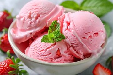 Wall Mural - Immerse yourself in the vibrant hues of strawberry ice cream, its sweet aroma and creamy texture enticing