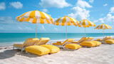 Fototapeta Desenie - Beach with yellow and white striped lounge chairs, yellow and white striped umbrellas, with solid yellow pillows on lounge chairs