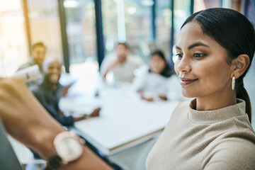 Business, woman and writing for presentation in office for group training, seminar and project planning. Collaboration, employees and presenter in workshop with coaching, happy or brainstorming ideas